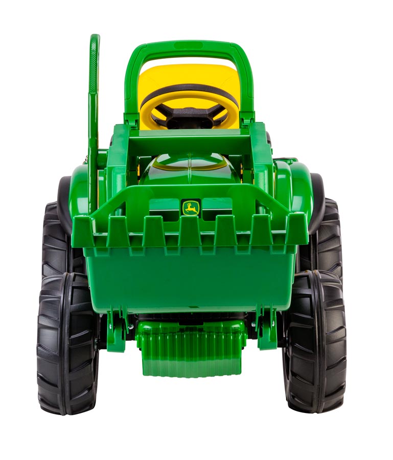 Green and yellow ride-on toy tractor with large black tires and functional front loader for kids