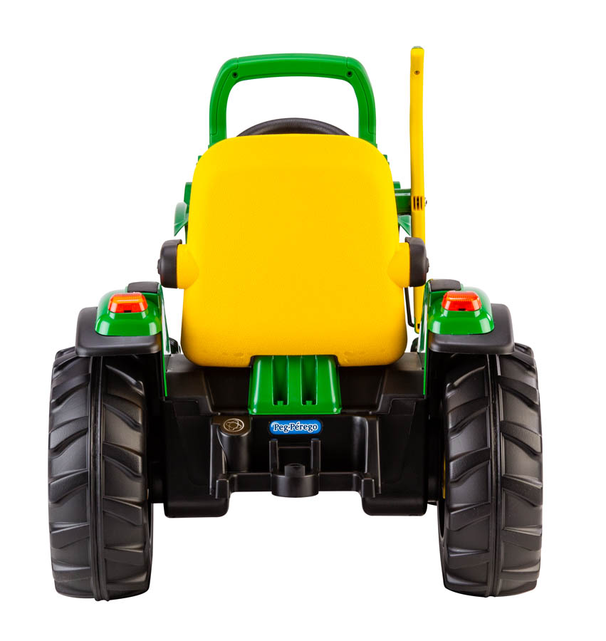 Green and yellow electric ride-on tractor with large black wheels, yellow seat, and front loader attachment