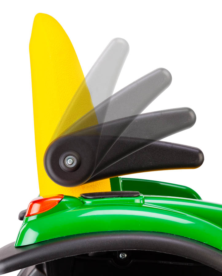 Green children's ride-on tractor with adjustable yellow and black seat backrest and rear light detail