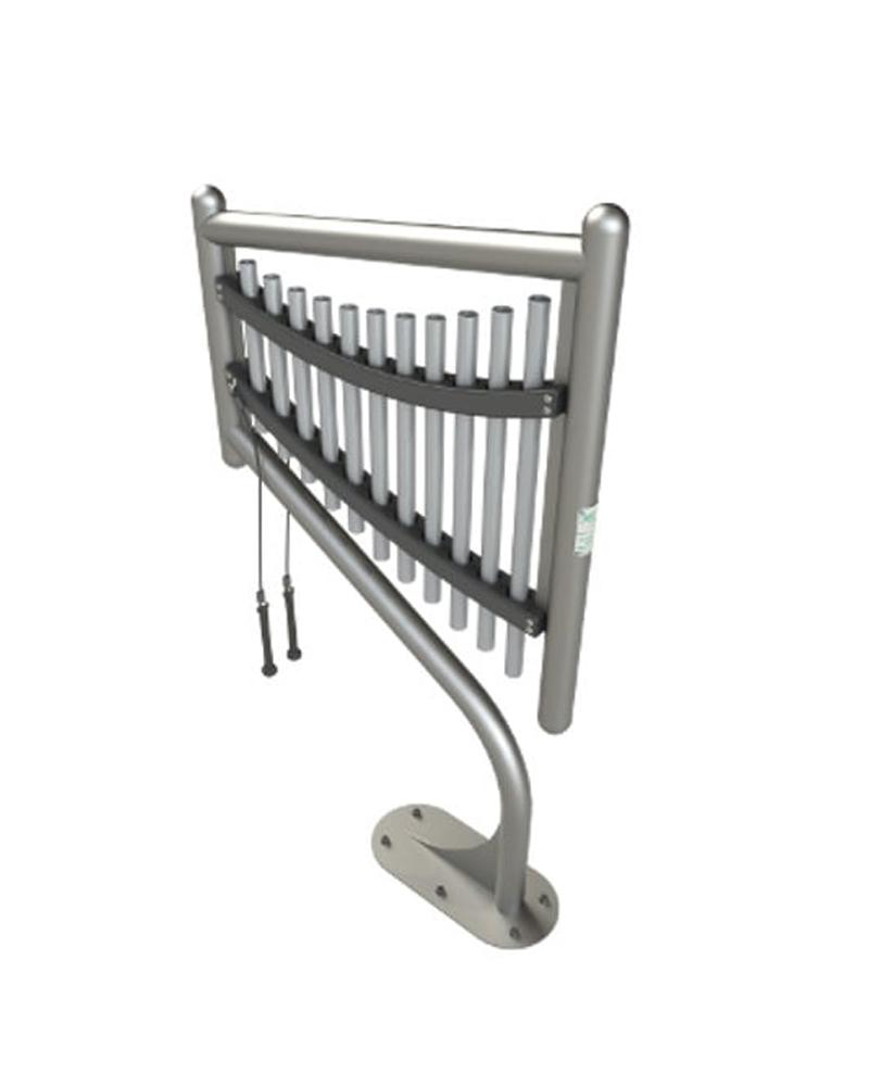 Harp Outdoor Musical Park Instrument with 11 anodized aluminum chimes and two mallets on curved metal stand in outdoor setting
