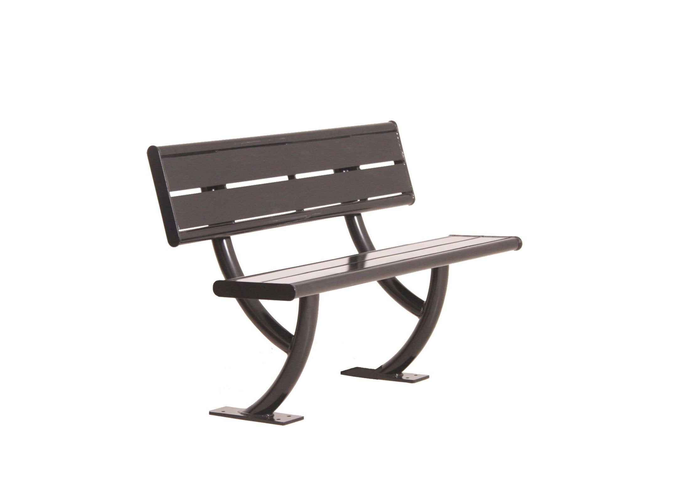 Hartford Bench with Back in black powder-coated metal, wide slat seat and backrest, curved legs, surface mount plates