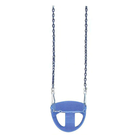 Blue toddler half bucket swing with plastisol-coated safety chains hanging securely