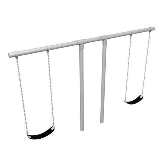 Heavy Duty Cantilevered T-Swing with galvanized steel frame, two black belt seats, and durable chains for commercial playgrounds