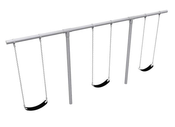 Galvanized steel cantilevered swing set with three black belt seats and durable chains for commercial playground use