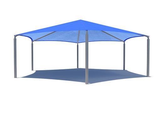 Hexagon shade structure with six posts and royal blue canopy providing open-air shelter