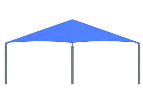 Hexagon royal blue shade canopy with six gray posts providing overhead sun protection