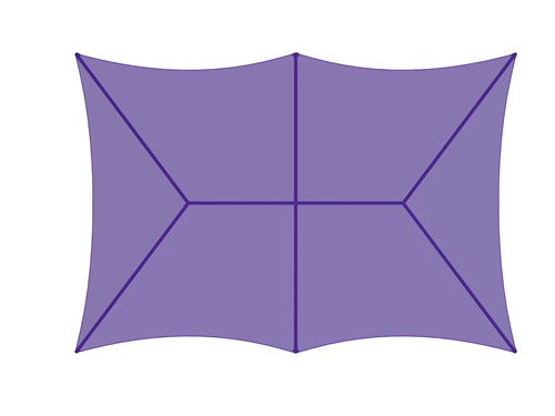 Overhead view of large rectangular electric purple hip roof shade structure with six supporting posts, designed for playground and picnic areas