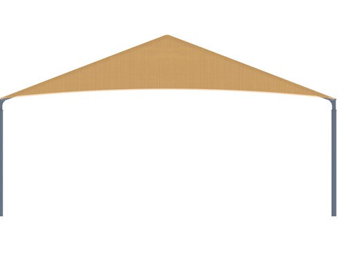 Rectangular hip roof shade structure with four posts and tan UV-blocking fabric over outdoor area