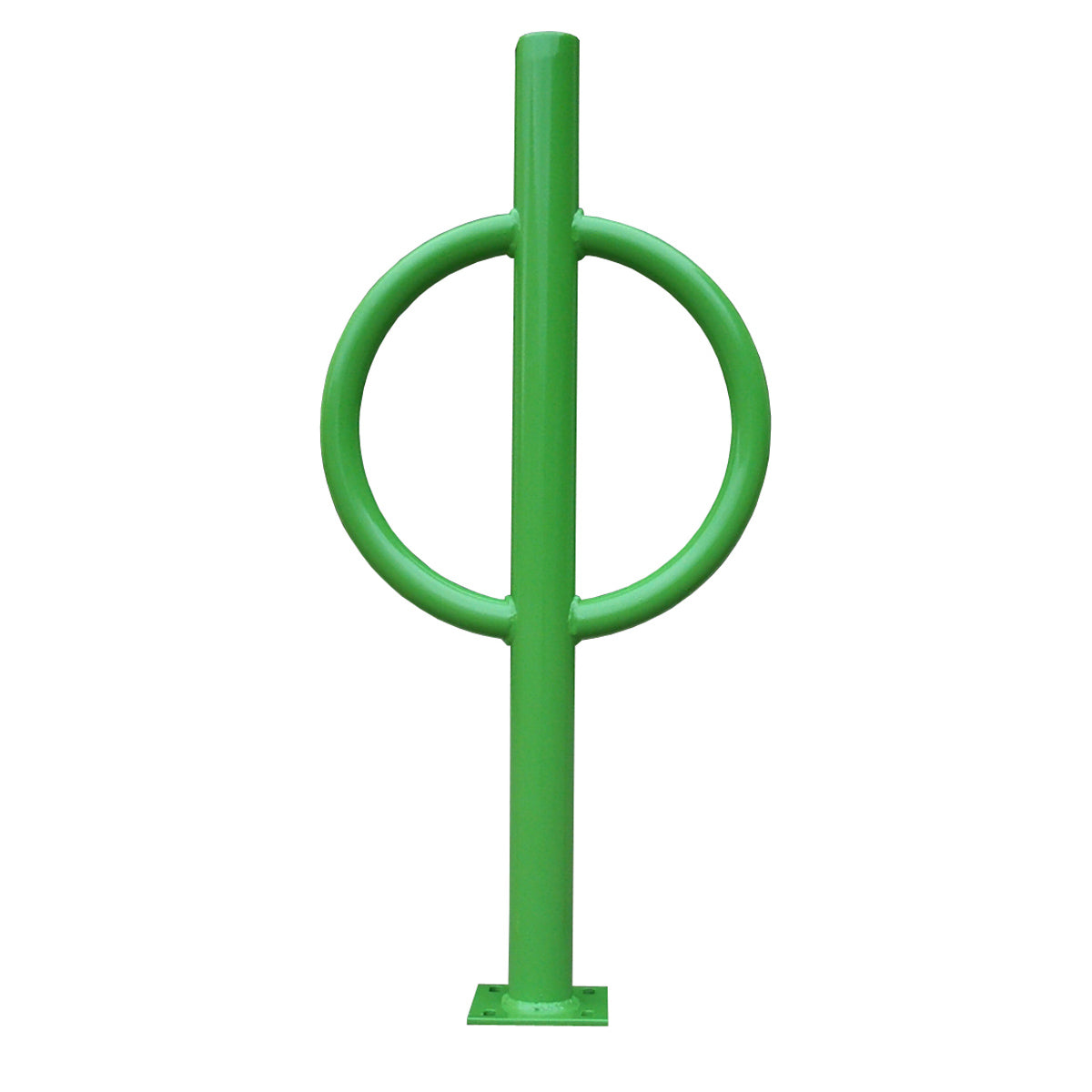 Green powder-coated steel bike hitch rack with circular locking ring and vertical post for secure bike storage