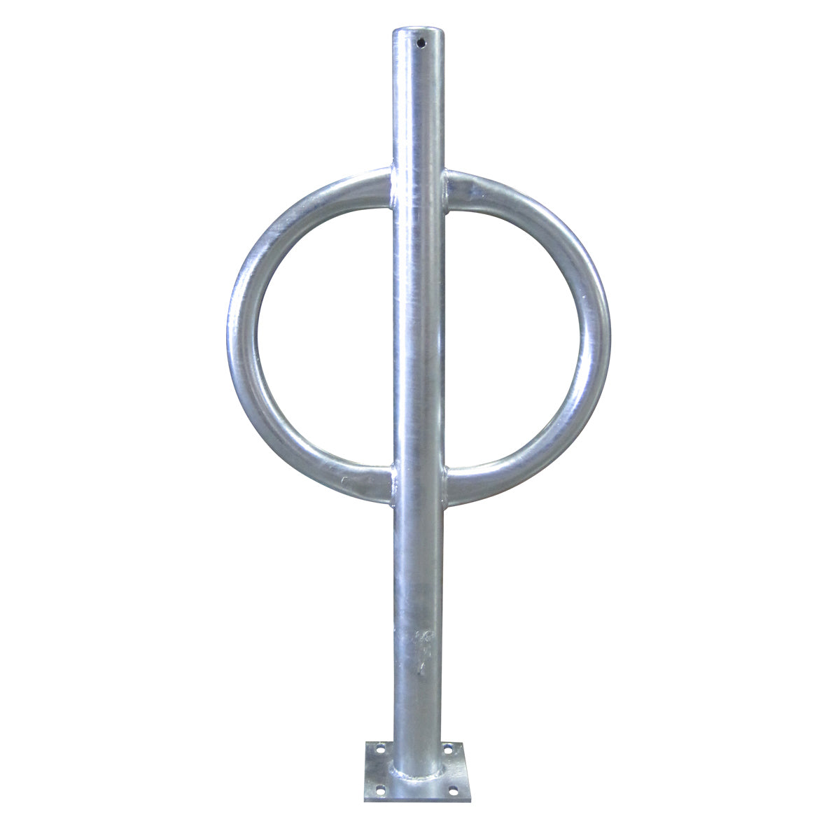 Galvanized steel bike rack with thick tubular frame and circular ring mounted on square base plate