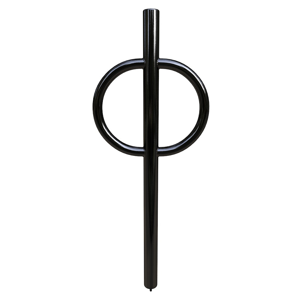Black powder-coated in-ground bike rack with thick tubular frame and circular ring design, slim profile