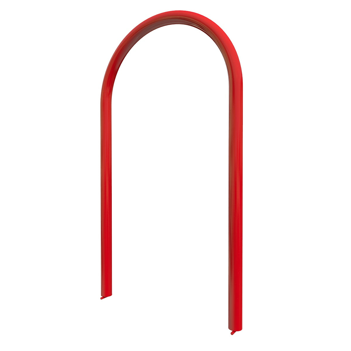 Red powder-coated steel bike rack with thick curved pipe, designed for in-ground installation and secure bike parking.