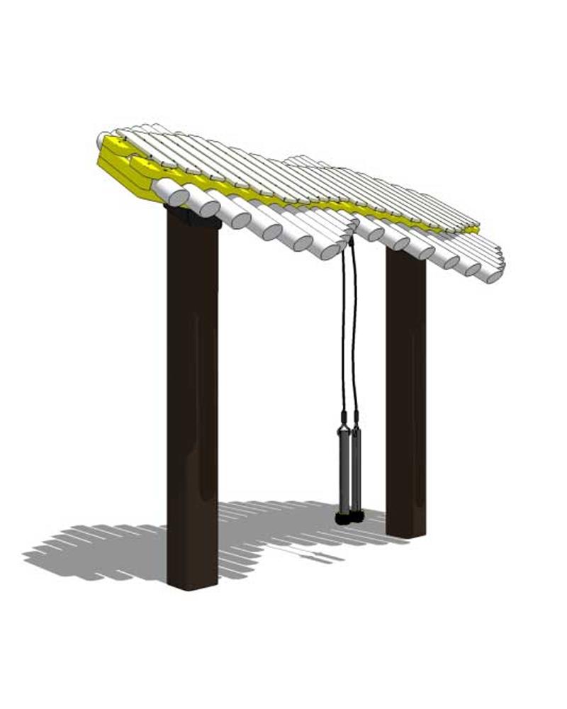 Outdoor musical instrument with yellow fiberglass bars, two dark vertical supports, and hanging mallets for interactive play.