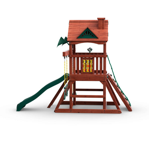 Wooden playset with Alpine Wave slide, rock climbing wall, two belt swings, tic-tac-toe panel, and semi-enclosed clubhouse