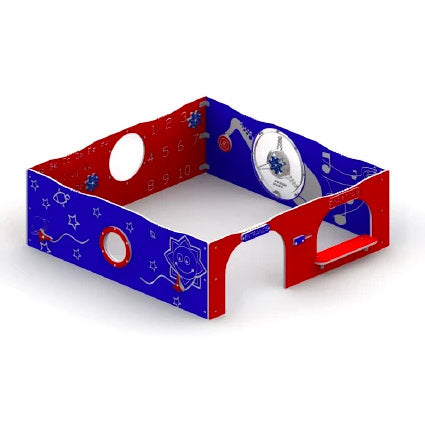 Indoor small play corral with red and blue panels featuring space and music-themed illustrations and circular openings