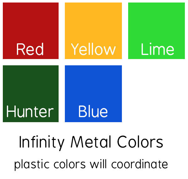 Color swatches of coordinating metal and plastic in red, yellow, lime green, hunter green, and blue for outdoor play equipment finishes