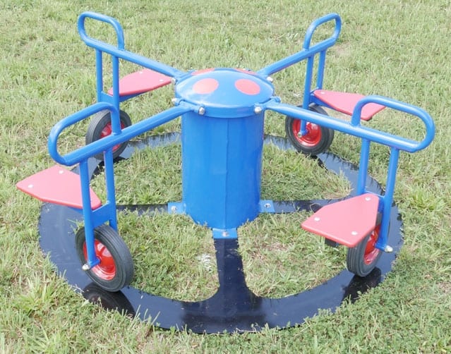 Four-seat inground toddler play rider with blue frame, red seats and wheels on grass, designed for cooperative outdoor play