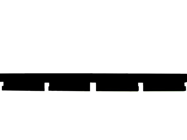 Overhead view of black molded rubber curb with key-way edge and evenly spaced drainage outlets for turf and loose fill containment