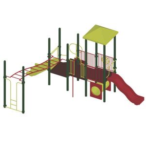 Modular playground with metal posts, wave slide, triple rail slide, horizontal ladder, vertical climber, firepole, tic tac toe panel, and crawl tunnel