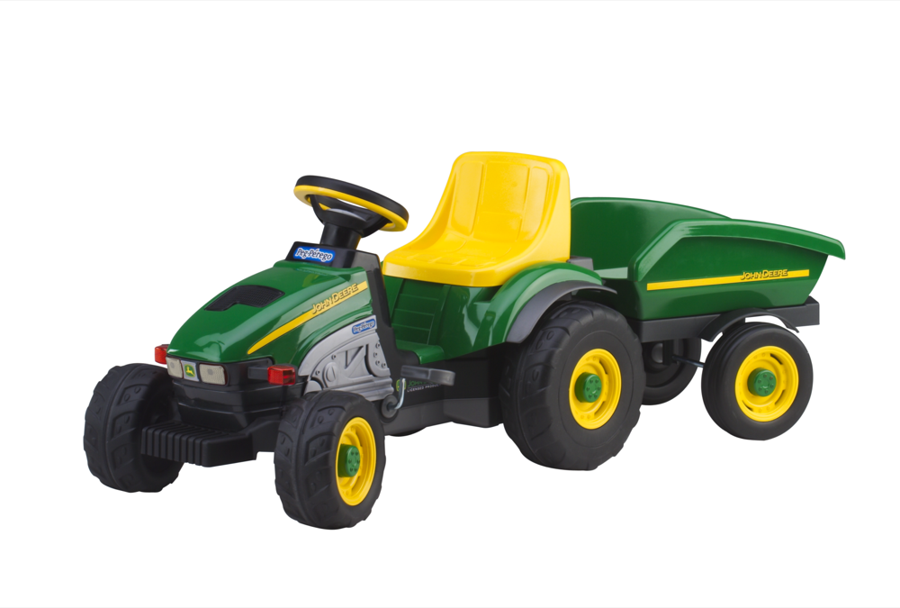 John Deere Farm Tractor Pedal Car with yellow seat and green detachable trailer, child-sized riding vehicle for outdoor play