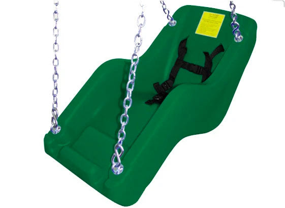 JennSwing ADA Swing Seat in green with adjustable safety harness, semi-reclined supportive design, durable plastic, and armrests for special needs children