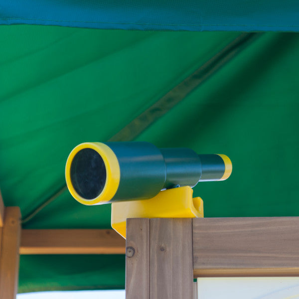 Child-friendly green and yellow play telescope mounted on wooden cedar playset under green canopy