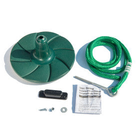 Green round plastic disc swing with heavy-duty rope and mounting hardware for outdoor playsets