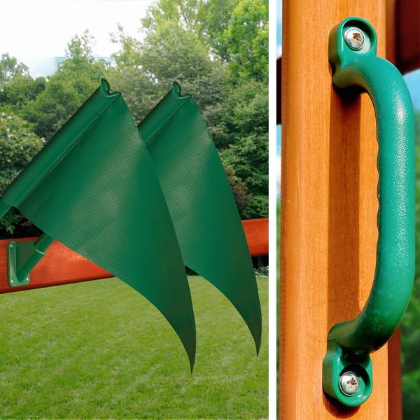 Amber-stained cedar wood swing set beams with green plastic safety handles and protective corner guards outdoors