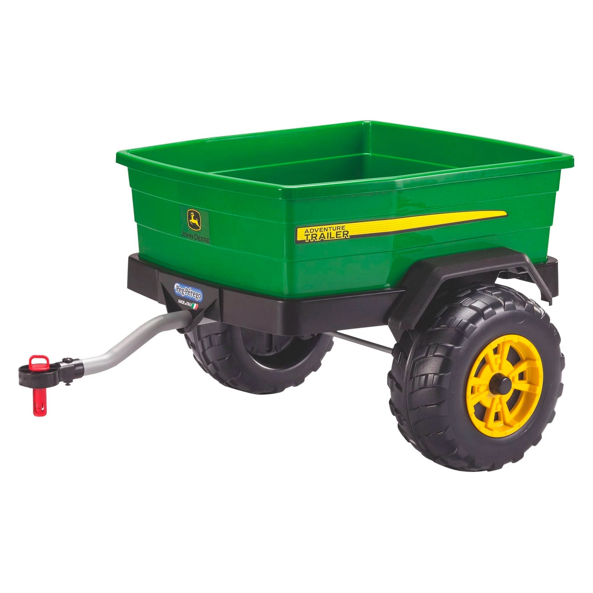 John Deere Adventure Trailer in green with rugged yellow wheels and locking hitch pin for children's riding vehicles