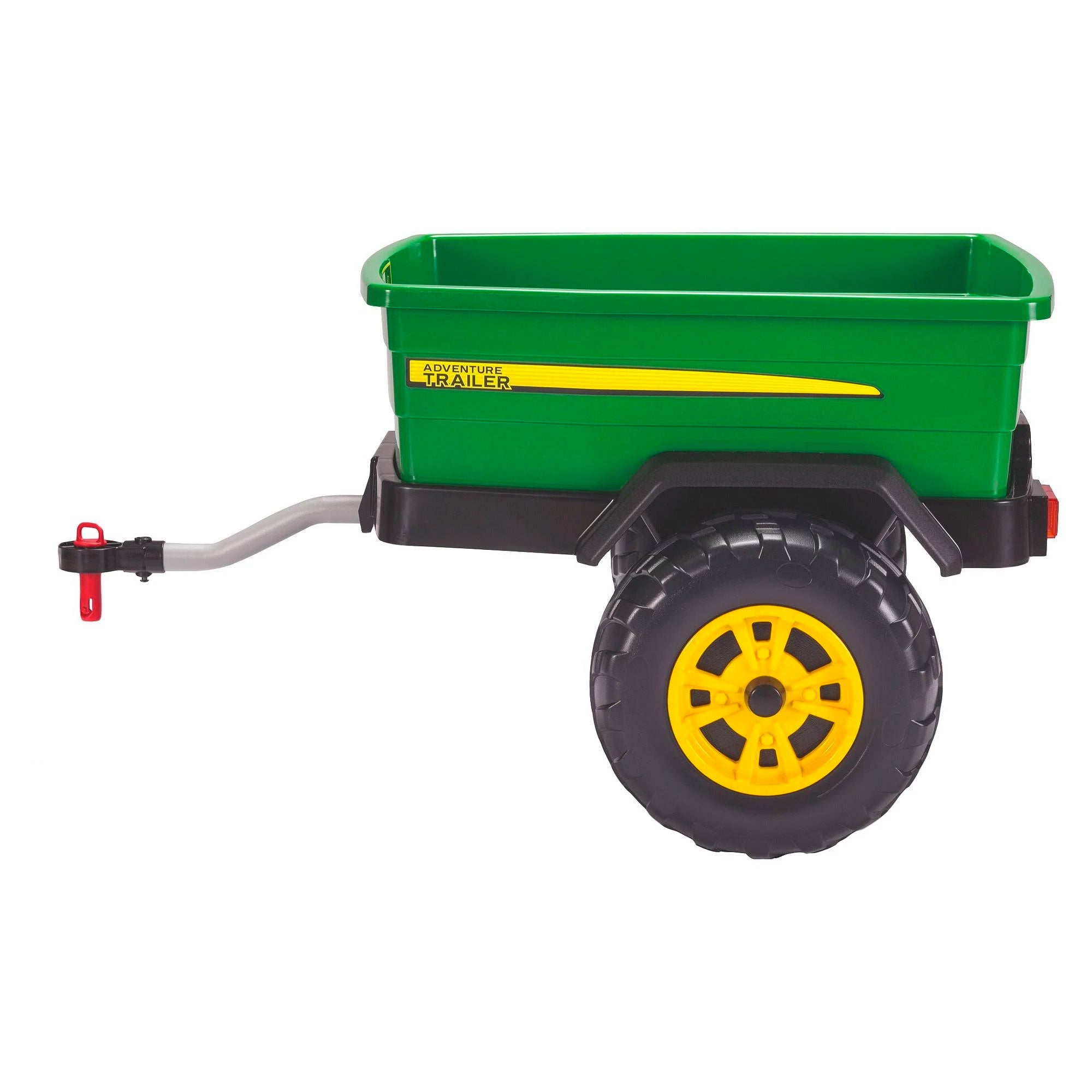 Green and yellow children's utility trailer with rugged wheels and locking hitch pin for riding vehicles