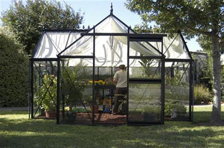 Black-framed greenhouse with peaked roof, sliding glass door, automatic roof vents, and plants inside, set in a garden.