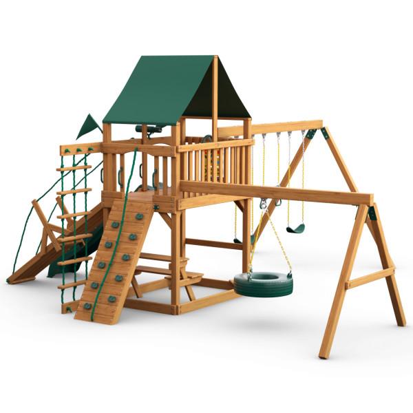 Natural cedar wooden playset with green canopy, climbing ramp, rock wall, tire swing, belt swings, and slide