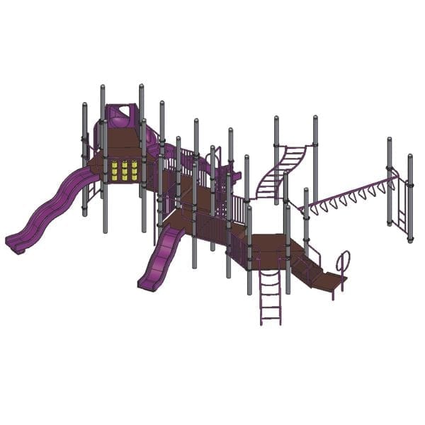 Large modular playground with multiple slides, climbing ladders, monkey bars, and elevated platforms in purple and brown.