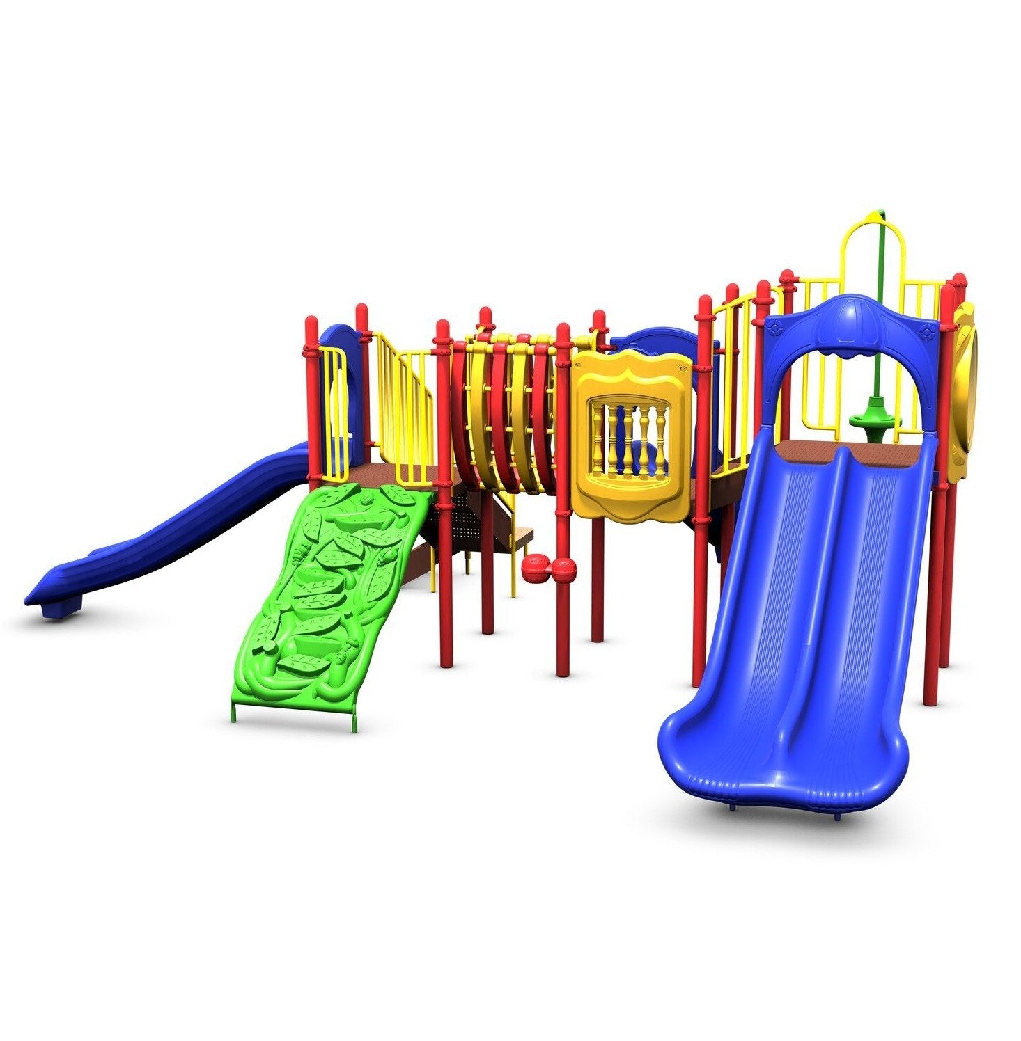 Keegan's Kastle Play System with blue double slide, green climbing wall, red and yellow play structure elements, spiral climber, and interactive panels