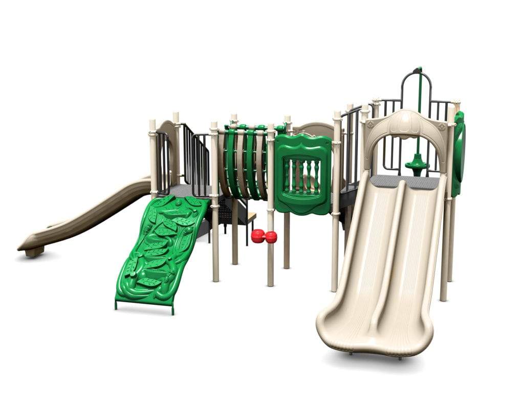Natural-toned playground structure with dual beige slides, green climbing wall, tunnel, and interactive panels