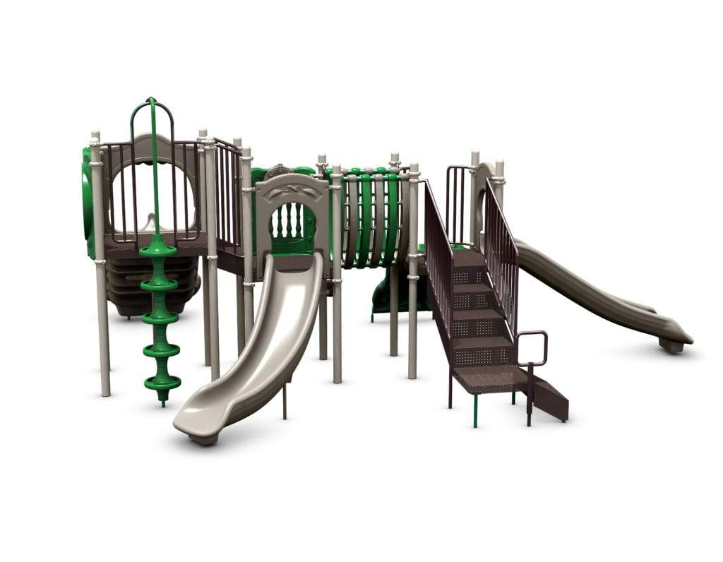 Outdoor playground structure with three slides, spiral climber, tunnel, stairs, and interactive panels in natural green and brown tones
