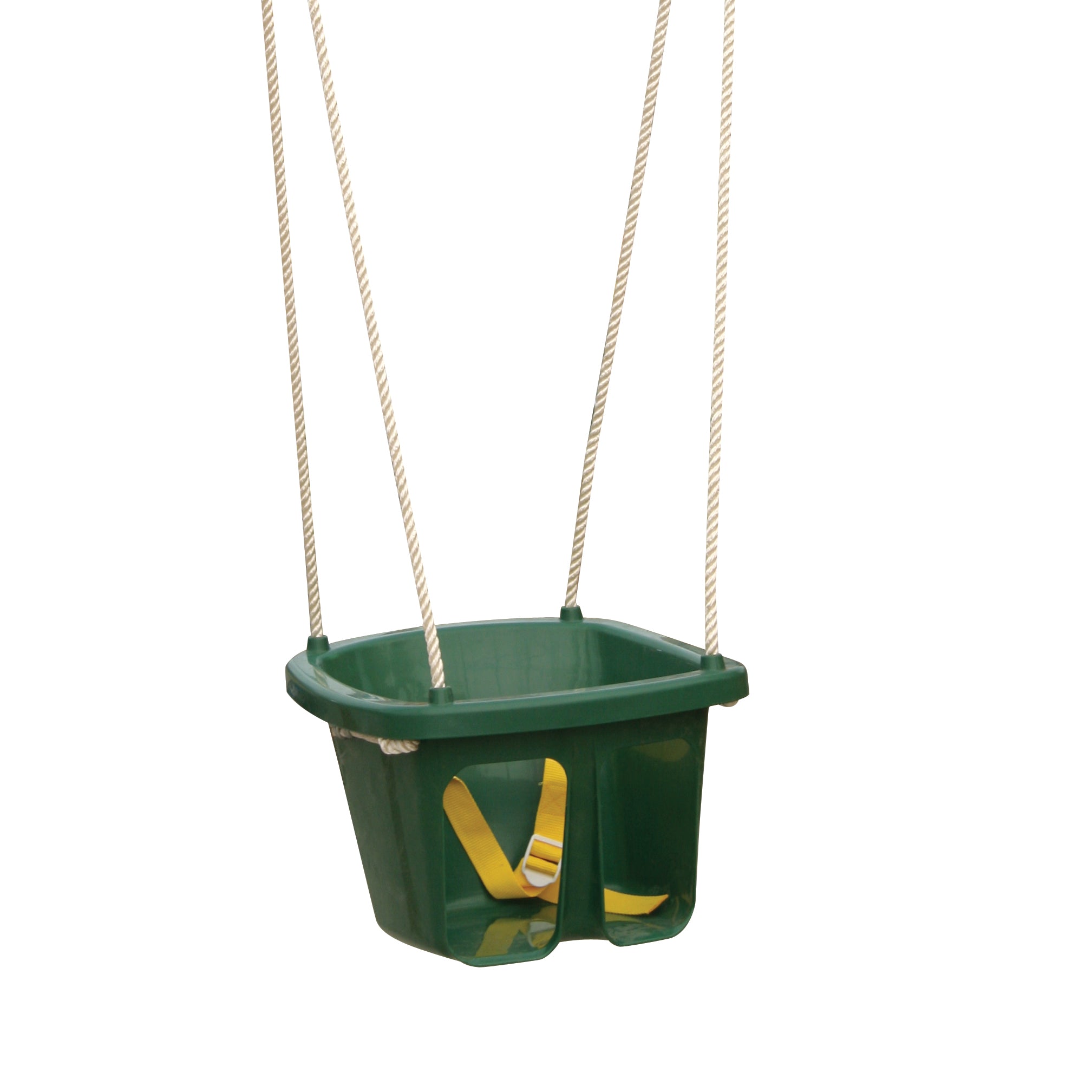 Green infant bucket swing seat with yellow safety harness and beige ropes for outdoor swing sets
