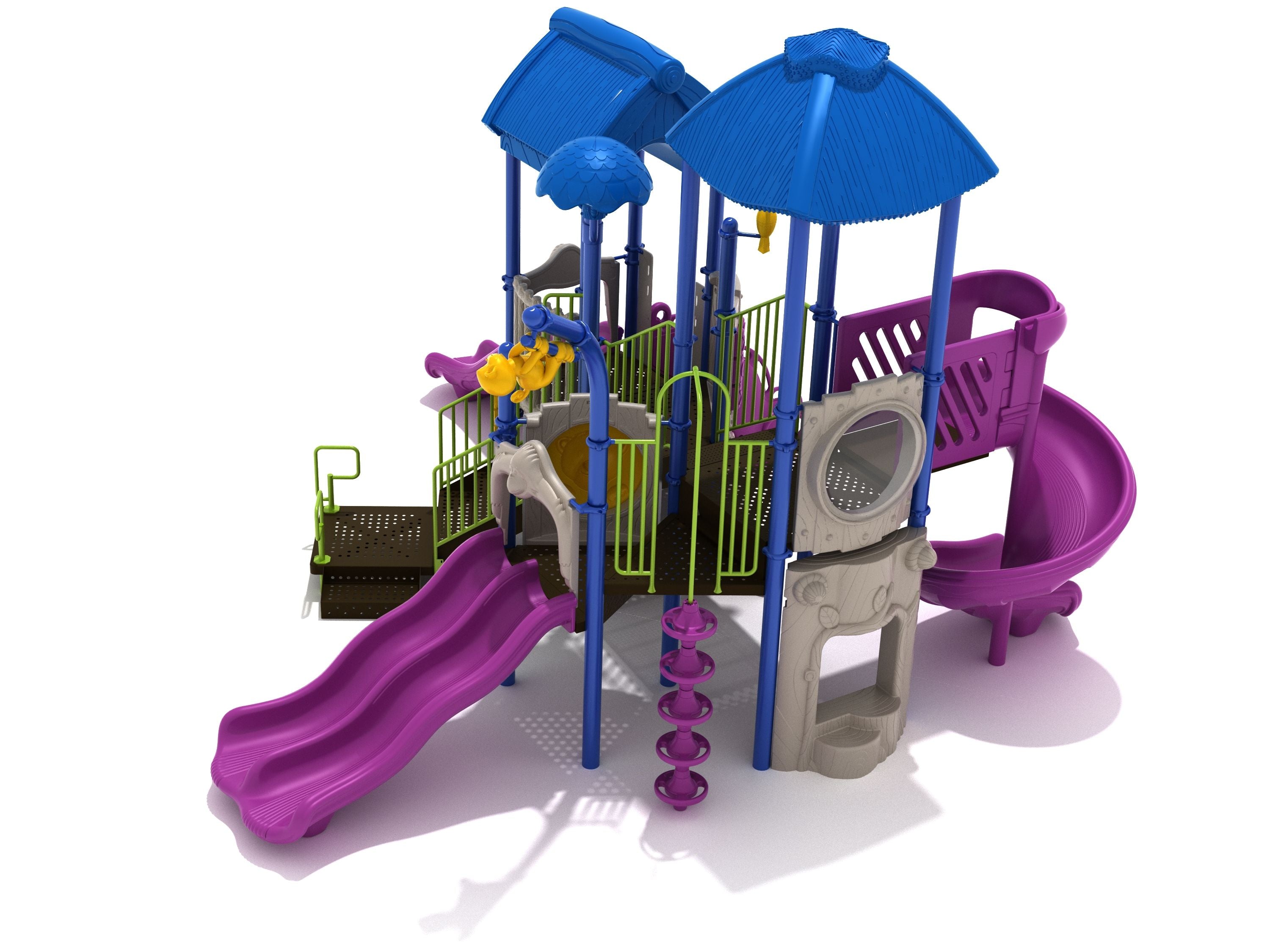 Jungle-themed playground with purple spiral slide, blue roofs, green railings, animal-shaped panels, and double slides.