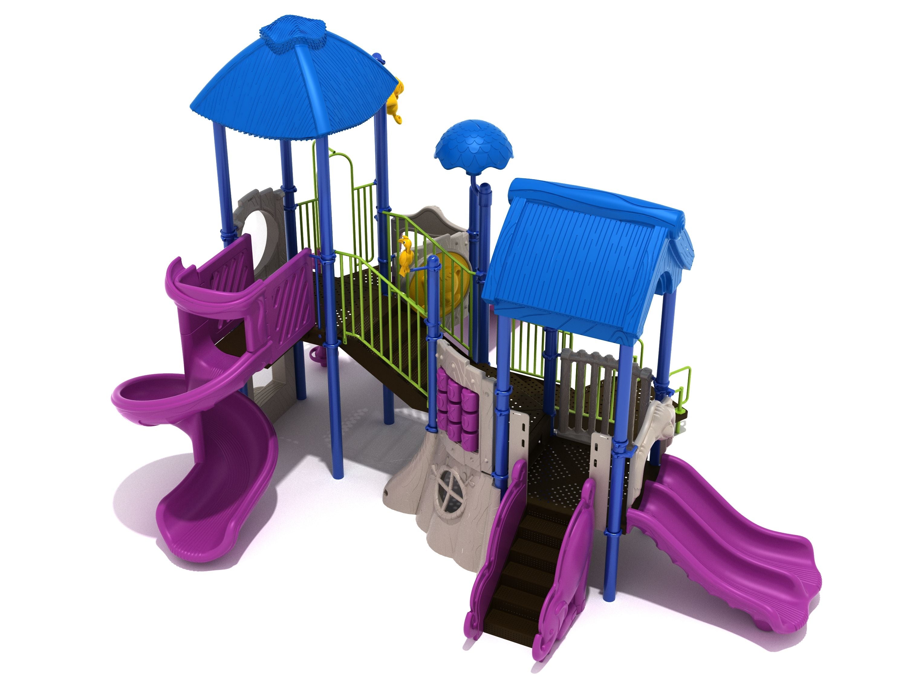 Colorful jungle-themed playground with blue roofs, purple slides, green railings, and animal-shaped decorative toppers.