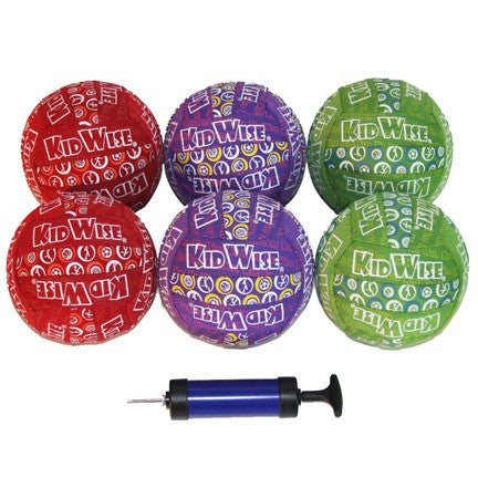Set of six colorful neoprene balls in red, purple, and green with a blue hand pump, KidWise branding visible