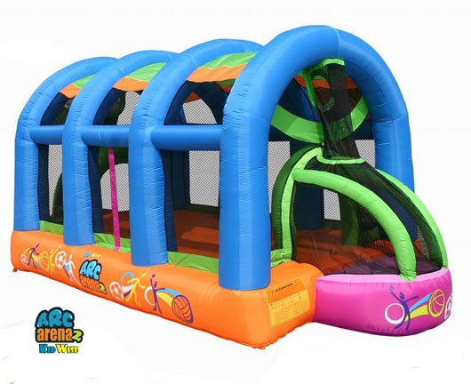 Inflatable sports bounce house with blue arches, orange base, green basketball hoops, and soccer goals on each end
