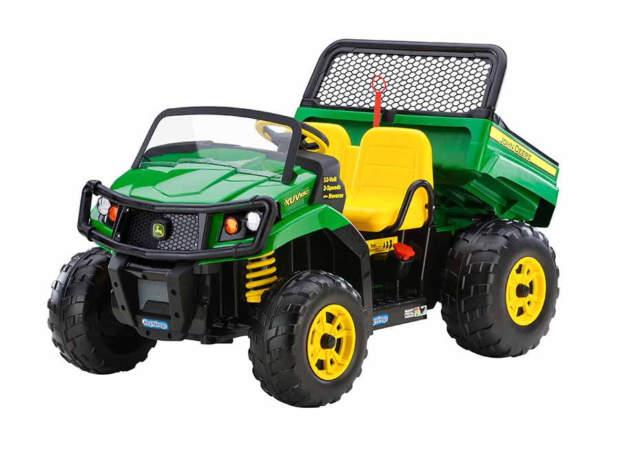 John Deere Gator XUV 12-Volt Ride On Vehicle with green body, yellow side-by-side seats, large tires, rear dump bed, and brush guard.
