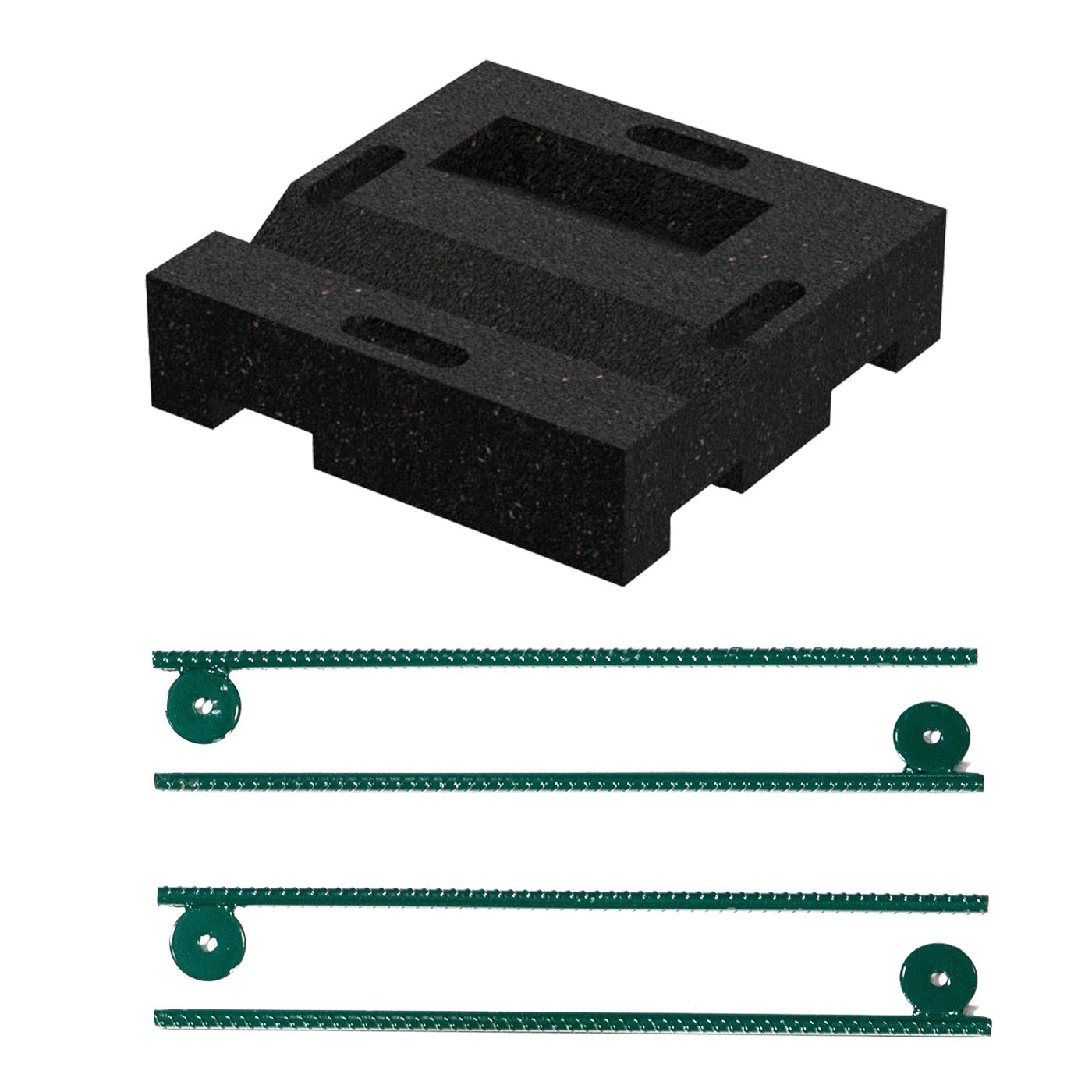 Overhead view of black recycled plastic leveling block with green metal stakes for swing set support and stabilization