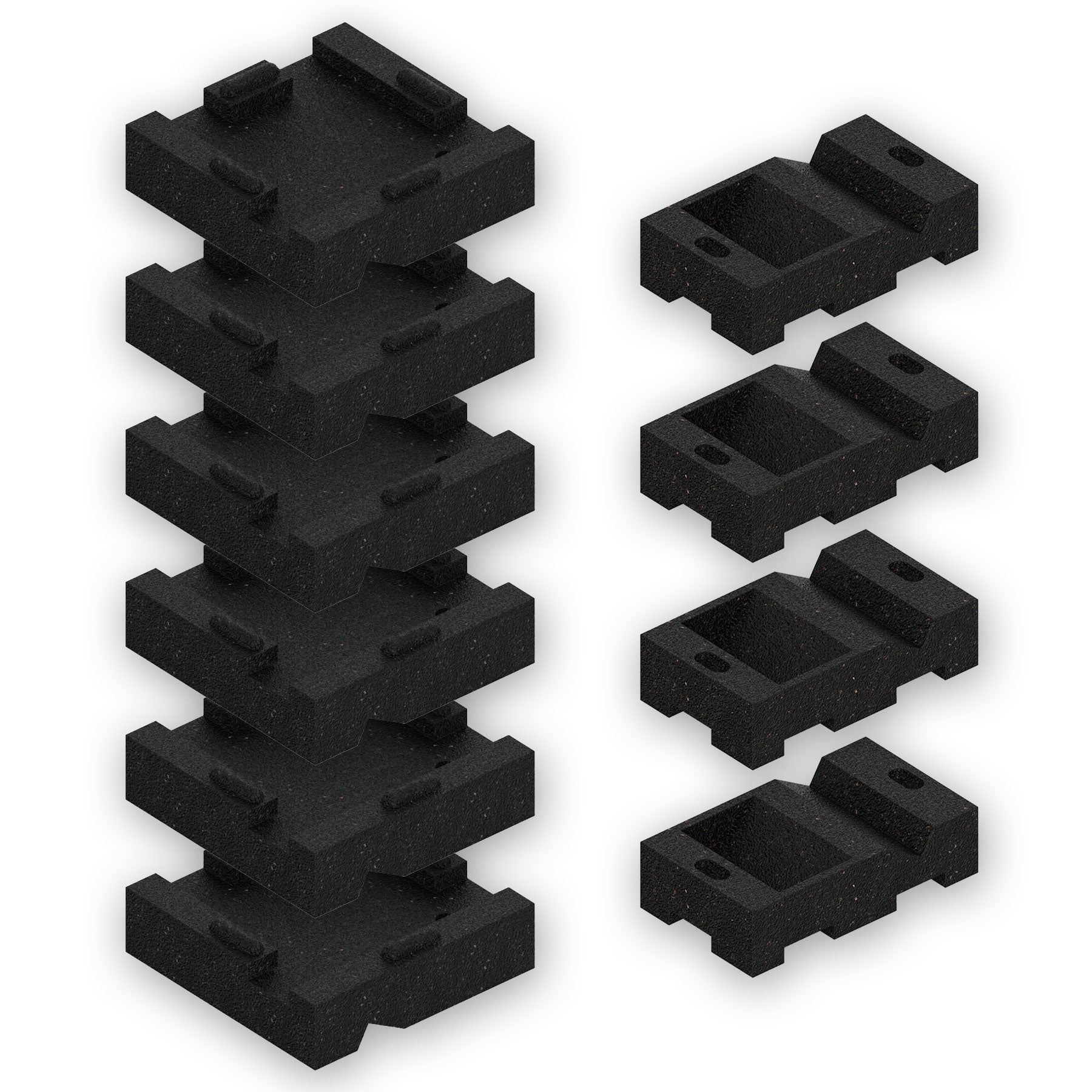 Stacked black plastic leveling blocks designed to support and stabilize wooden swing set legs