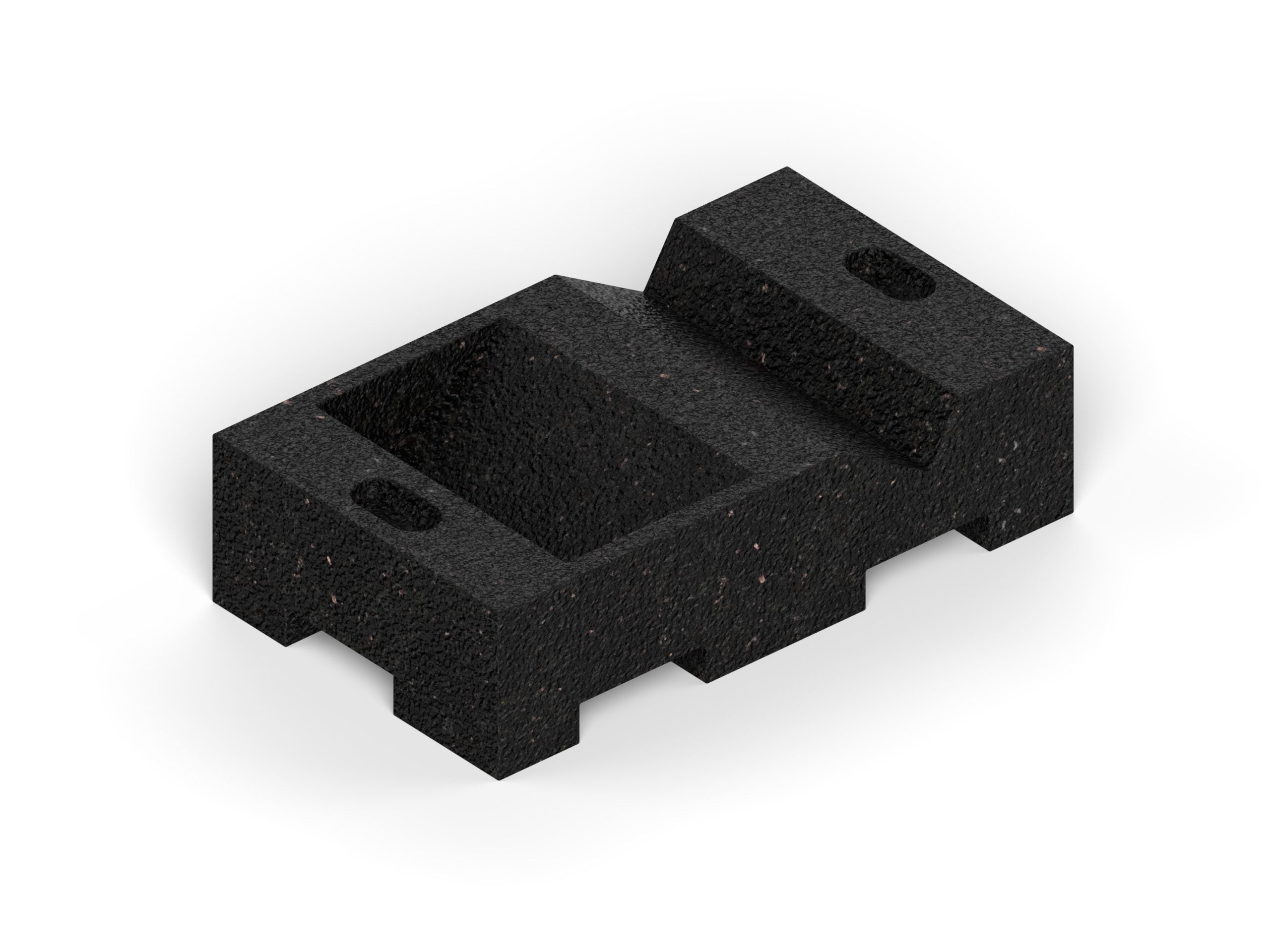 Black textured small leveling block with recessed center and angled support for stabilizing wooden playset legs.