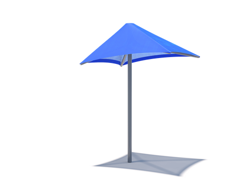 Royal blue lifeguard shade structure with pointed canopy and central support pole casting shadow