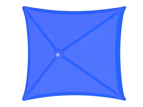 Overhead view of a royal blue lifeguard shade structure with square canopy and central support hub