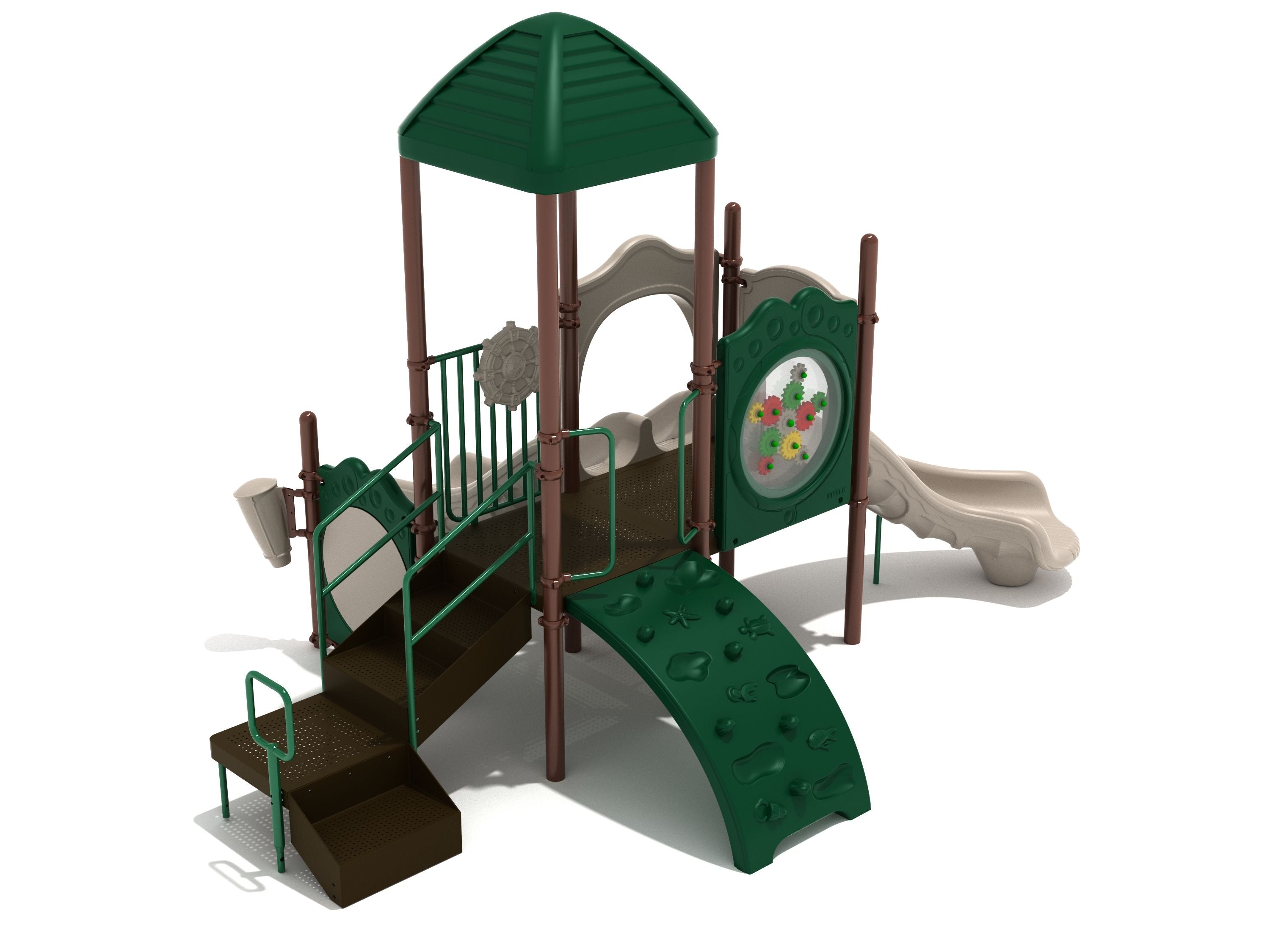 Compact playground structure with green roof, climbing wall, gear panel, stairs, and beige slide designed for inclusive outdoor play