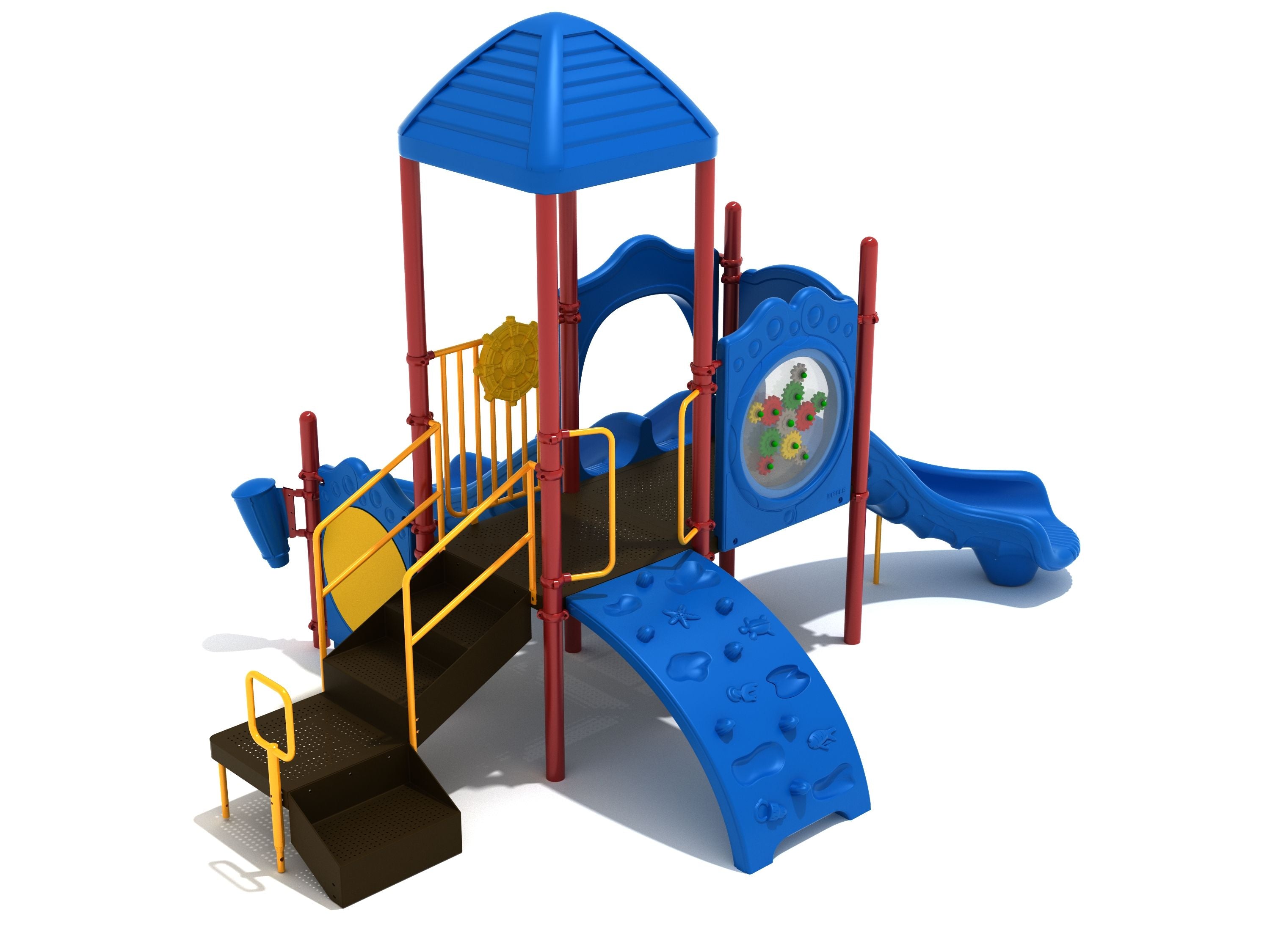 Colorful playground with blue roof, climbing wall, double slide, gear panel, stairs with yellow railings, and musical drum panels
