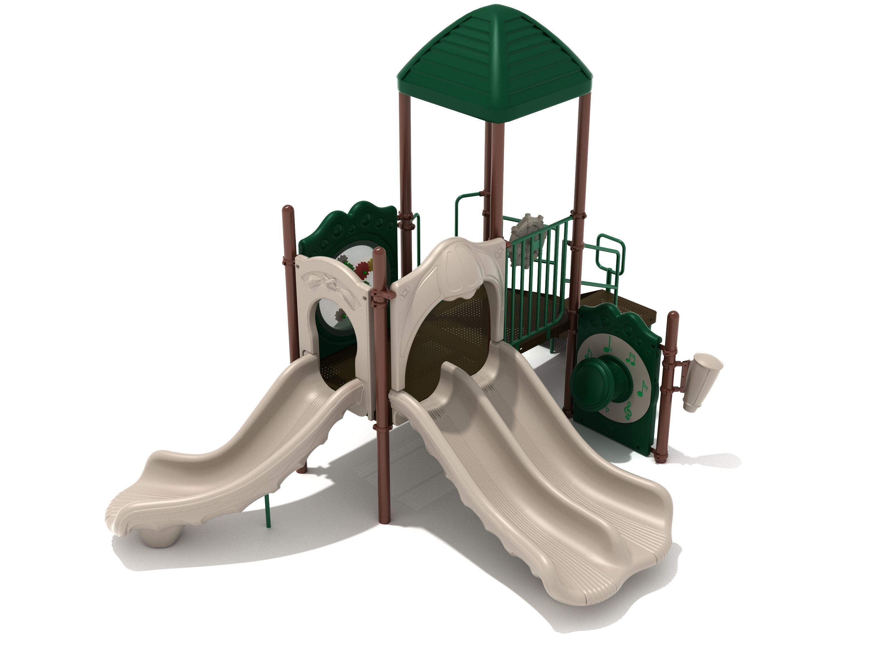 Compact playground structure with two beige slides, green roof, activity panels, sea creature climber, and musical drum elements